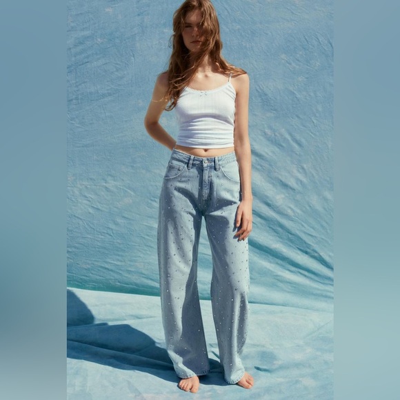 NWT ZARA TRF CURVED HIGH WAIST RHINESTONE JEANS - Picture 6 of 11